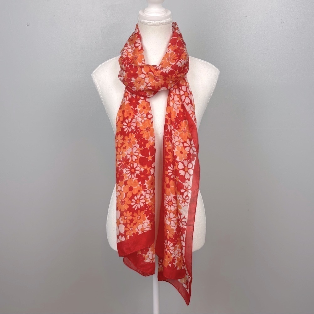 Bijoux Terner 100% silk pink & orange floral daisy print scarf.